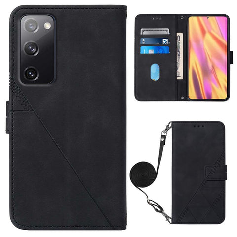 PB2-1 Series Stylish Lines Imprinting Magnetic Clasp Shock-absorption PU Leather + TPU Stand Wallet Phone Cover Case with Shoulder Strap for Samsung Galaxy S20 FE 2022/S20 FE/S20 FE 5G/S20 Lite