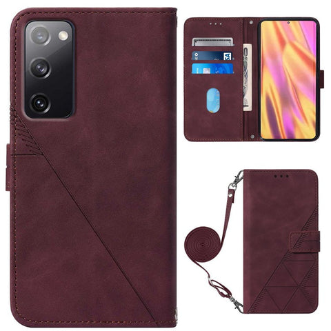 PB2-1 Series Stylish Lines Imprinting Magnetic Clasp Shock-absorption PU Leather + TPU Stand Wallet Phone Cover Case with Shoulder Strap for Samsung Galaxy S20 FE 2022/S20 FE/S20 FE 5G/S20 Lite