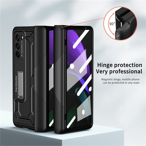 For Samsung Galaxy Z Fold2 5G Kickstand Folding Phone Case Magnetic Hinge Full Protective Cover with Tempered Glass Screen Protector