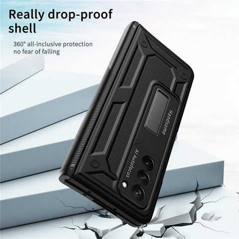 For Samsung Galaxy Z Fold2 5G Kickstand Folding Phone Case Magnetic Hinge Full Protective Cover with Tempered Glass Screen Protector