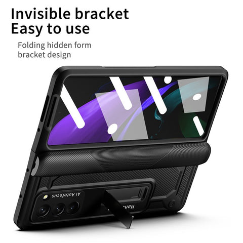 For Samsung Galaxy Z Fold2 5G Kickstand Folding Phone Case Magnetic Hinge Full Protective Cover with Tempered Glass Screen Protector