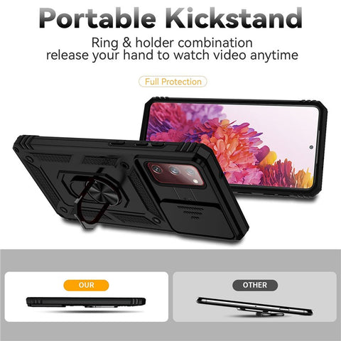 For Samsung Galaxy S20 FE 2022/S20 FE 4G/FE 5G/S20 Lite Slide Camera Protector PC + TPU Case Drop-resistant Kickstand Phone Shell