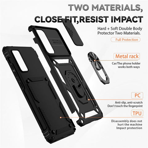 For Samsung Galaxy S20 FE 2022/S20 FE 4G/FE 5G/S20 Lite Slide Camera Protector PC + TPU Case Drop-resistant Kickstand Phone Shell