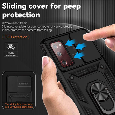For Samsung Galaxy S20 FE 2022/S20 FE 4G/FE 5G/S20 Lite Slide Camera Protector PC + TPU Case Drop-resistant Kickstand Phone Shell