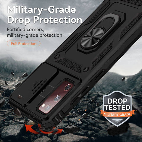 For Samsung Galaxy S20 FE 2022/S20 FE 4G/FE 5G/S20 Lite Slide Camera Protector PC + TPU Case Drop-resistant Kickstand Phone Shell