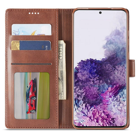 LC.IMEEKE For Samsung Galaxy M52 5G Textured PU Leather Cover Drop-proof Stand Wallet Protective Phone Case