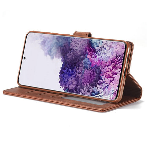 LC.IMEEKE For Samsung Galaxy M52 5G Textured PU Leather Cover Drop-proof Stand Wallet Protective Phone Case