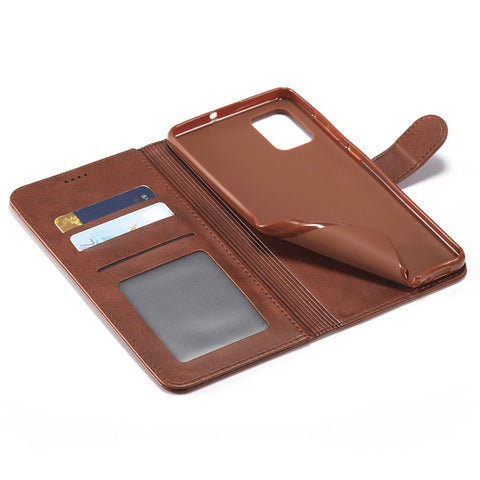 LC.IMEEKE For Samsung Galaxy M52 5G Textured PU Leather Cover Drop-proof Stand Wallet Protective Phone Case