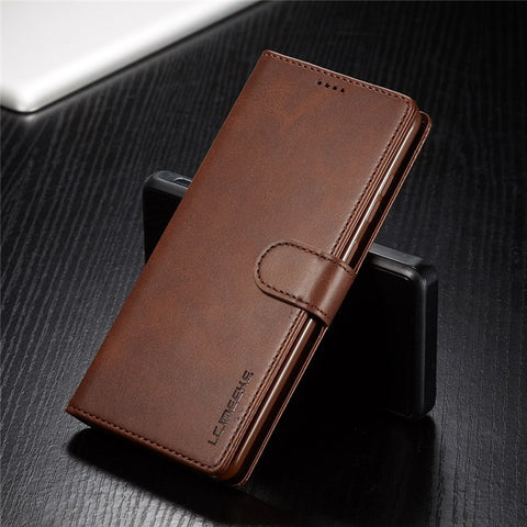 LC.IMEEKE For Samsung Galaxy M52 5G Textured PU Leather Cover Drop-proof Stand Wallet Protective Phone Case