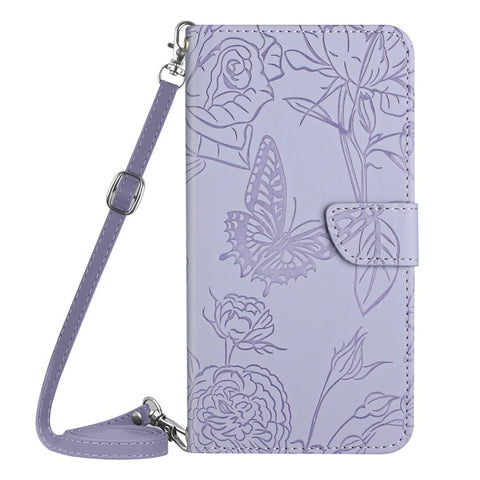 For Samsung Galaxy A12/M12/F12 Skin-touch Feeling PU Leather Mobile Phone Case Bag Imprinting Butterflies Flower Pattern Stand Wallet Cover with Shoulder Strap