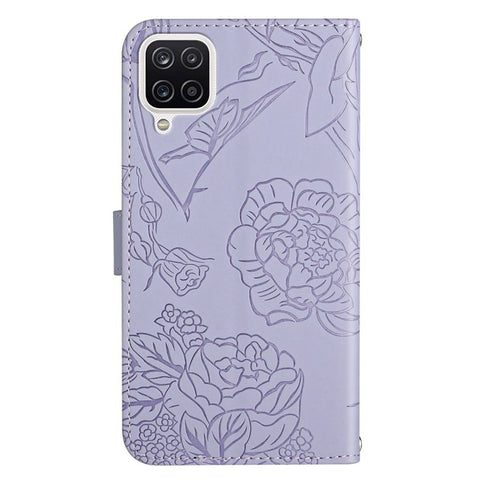 For Samsung Galaxy A12/M12/F12 Skin-touch Feeling PU Leather Mobile Phone Case Bag Imprinting Butterflies Flower Pattern Stand Wallet Cover with Shoulder Strap