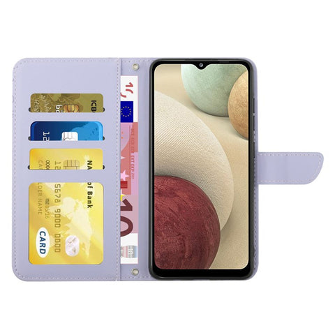 For Samsung Galaxy A12/M12/F12 Skin-touch Feeling PU Leather Mobile Phone Case Bag Imprinting Butterflies Flower Pattern Stand Wallet Cover with Shoulder Strap