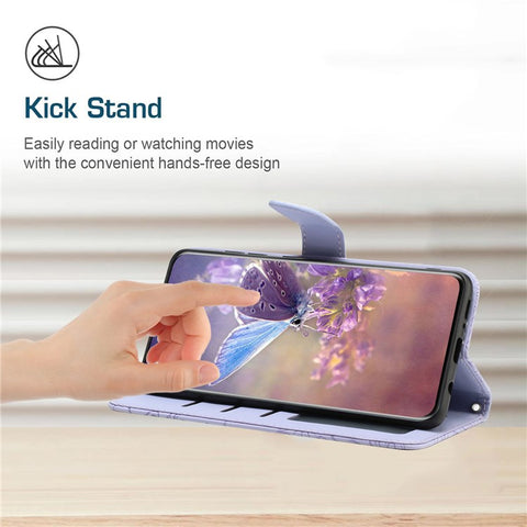 For Samsung Galaxy A12/M12/F12 Skin-touch Feeling PU Leather Mobile Phone Case Bag Imprinting Butterflies Flower Pattern Stand Wallet Cover with Shoulder Strap