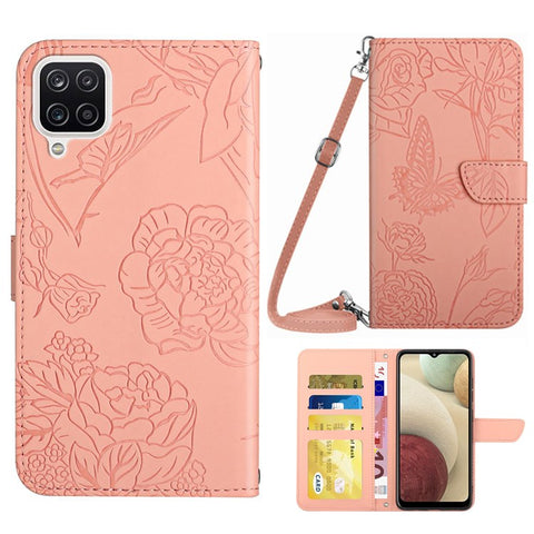 For Samsung Galaxy A12/M12/F12 Skin-touch Feeling PU Leather Mobile Phone Case Bag Imprinting Butterflies Flower Pattern Stand Wallet Cover with Shoulder Strap