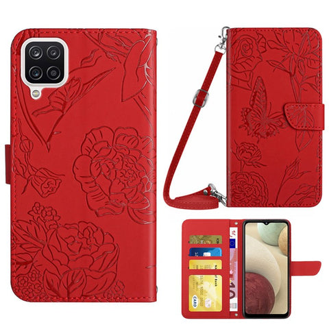 For Samsung Galaxy A12/M12/F12 Skin-touch Feeling PU Leather Mobile Phone Case Bag Imprinting Butterflies Flower Pattern Stand Wallet Cover with Shoulder Strap