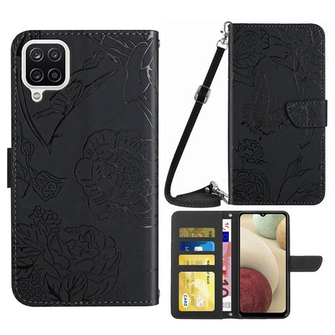 For Samsung Galaxy A12/M12/F12 Skin-touch Feeling PU Leather Mobile Phone Case Bag Imprinting Butterflies Flower Pattern Stand Wallet Cover with Shoulder Strap