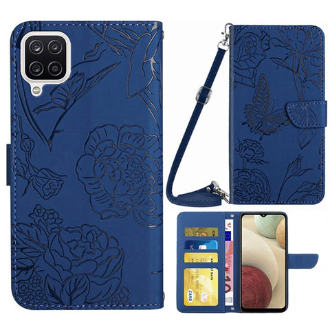 For Samsung Galaxy A12/M12/F12 Skin-touch Feeling PU Leather Mobile Phone Case Bag Imprinting Butterflies Flower Pattern Stand Wallet Cover with Shoulder Strap