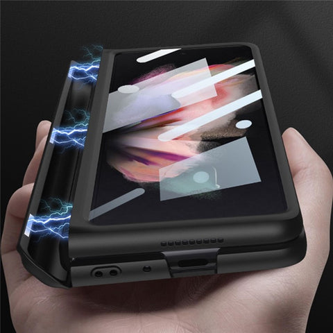 GKK For Samsung Galaxy Z Fold3 5G Magnetic Absorption Hinge Phone Case PC + Tempered Glass Full Protection Shell with Kickstand