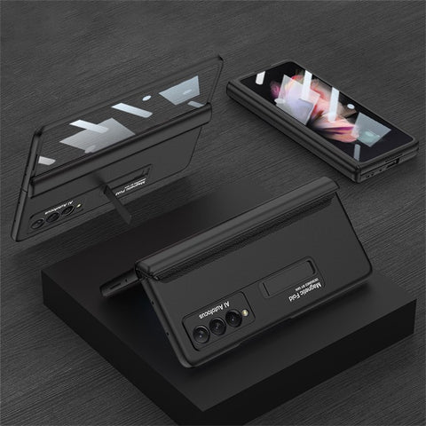 GKK For Samsung Galaxy Z Fold3 5G Magnetic Absorption Hinge Phone Case PC + Tempered Glass Full Protection Shell with Kickstand