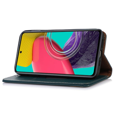 KHAZNEH for Samsung Galaxy M53 5G Genuine Cowhide Leather Case Nappa Texture Flip Stand Magnetic Absorption Wallet Cover