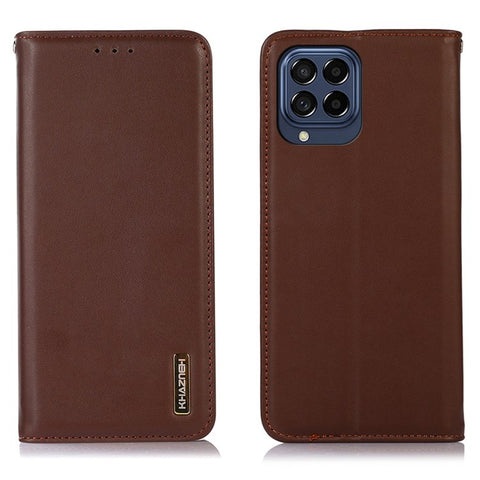 KHAZNEH for Samsung Galaxy M53 5G Genuine Cowhide Leather Case Nappa Texture Flip Stand Magnetic Absorption Wallet Cover