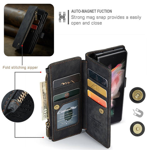 For Samsung Galaxy Z Fold3 5G Phone Cases with Strap CASEME C30 Zipper Multiple Card Holder PU Leather Cover