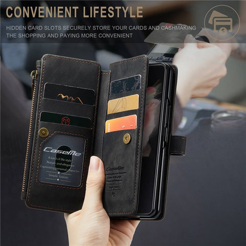 For Samsung Galaxy Z Fold3 5G Phone Cases with Strap CASEME C30 Zipper Multiple Card Holder PU Leather Cover