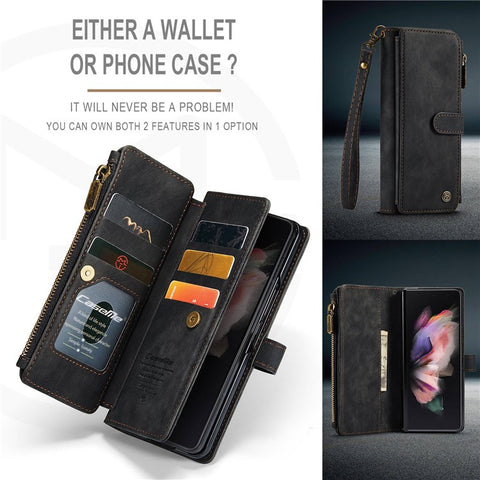For Samsung Galaxy Z Fold3 5G Phone Cases with Strap CASEME C30 Zipper Multiple Card Holder PU Leather Cover