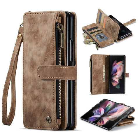 For Samsung Galaxy Z Fold3 5G Phone Cases with Strap CASEME C30 Zipper Multiple Card Holder PU Leather Cover