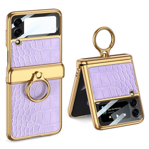 GKK for Samsung Galaxy Z Flip3 5G Textured Surface Electroplating Ring Kickstand Design Leather Coated PC Hinge Phone Case with Built-in Tempered Glass Lens Film
