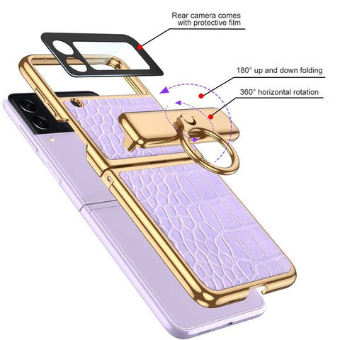GKK for Samsung Galaxy Z Flip3 5G Textured Surface Electroplating Ring Kickstand Design Leather Coated PC Hinge Phone Case with Built-in Tempered Glass Lens Film