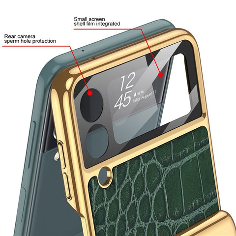 GKK for Samsung Galaxy Z Flip3 5G Textured Surface Electroplating Ring Kickstand Design Leather Coated PC Hinge Phone Case with Built-in Tempered Glass Lens Film