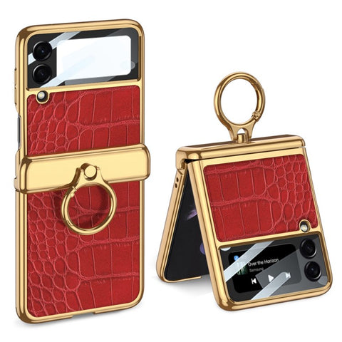 GKK for Samsung Galaxy Z Flip3 5G Textured Surface Electroplating Ring Kickstand Design Leather Coated PC Hinge Phone Case with Built-in Tempered Glass Lens Film