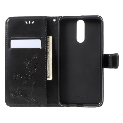 Imprint Butterfly Flowers Leather Wallet Case Shell for Huawei Mate 10 Lite / nova 2i / Maimang 6 / Honor 9i (India)