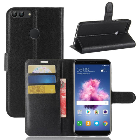 Litchi Grain Leather Wallet Stand Folio Protective Shell for Huawei P Smart / Enjoy 7S