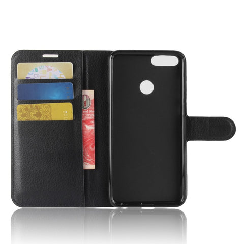 Litchi Grain Leather Wallet Stand Folio Protective Shell for Huawei P Smart / Enjoy 7S