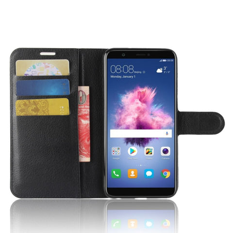 Litchi Grain Leather Wallet Stand Folio Protective Shell for Huawei P Smart / Enjoy 7S
