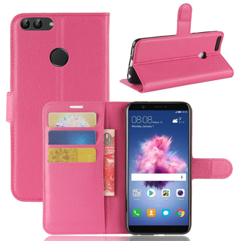 Litchi Grain Leather Wallet Stand Folio Protective Shell for Huawei P Smart / Enjoy 7S