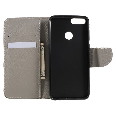 Pattern Printing Cross Texture Stand Wallet Leather Case for Huawei P Smart / Enjoy 7S