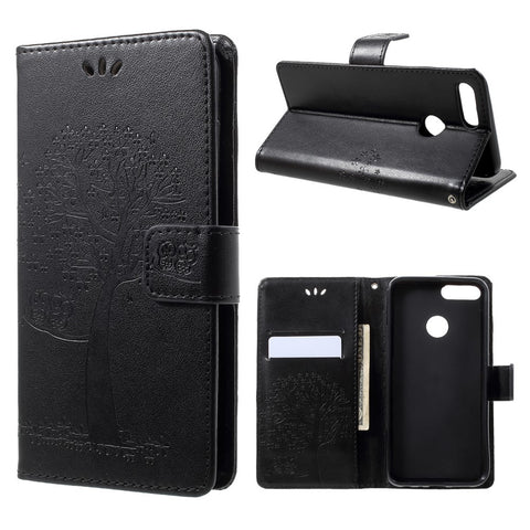 Imprint Tree Owl Pattern PU Leather Protection Cover Shell for Huawei P Smart / Enjoy 7S