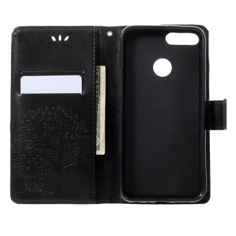 Imprint Tree Owl Pattern PU Leather Protection Cover Shell for Huawei P Smart / Enjoy 7S