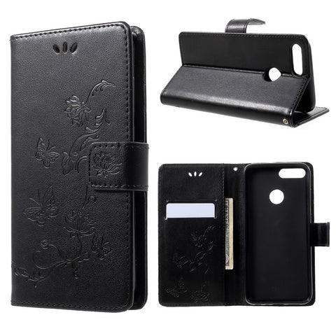 Imprint Butterfly Flower Wallet Stand Leather Phone Cover for Huawei P Smart / Enjoy 7S