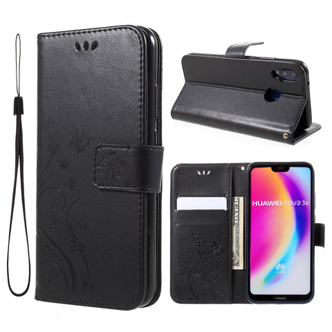 Imprint Flower Butterfly Pattern Wallet Leather Mobile Phone Casing for Huawei P20 Lite/Nova 3e
