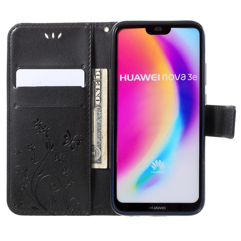 Imprint Flower Butterfly Pattern Wallet Leather Mobile Phone Casing for Huawei P20 Lite/Nova 3e