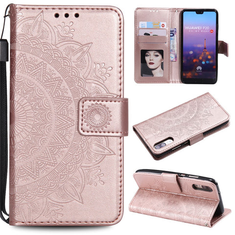 Imprint Mandala Flower Stand Wallet Leather Cell Phone Case for Huawei P20