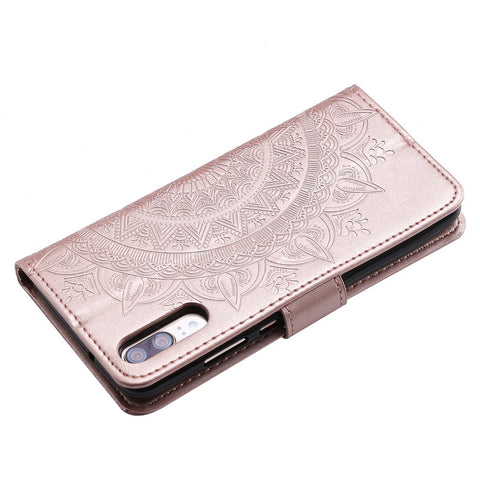 Imprint Mandala Flower Stand Wallet Leather Cell Phone Case for Huawei P20