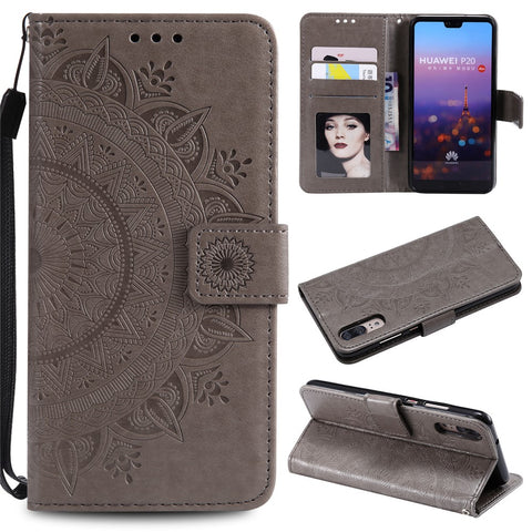 Imprint Mandala Flower Stand Wallet Leather Cell Phone Case for Huawei P20