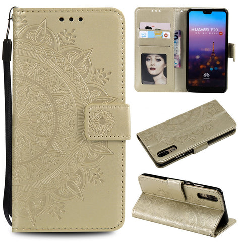 Imprint Mandala Flower Stand Wallet Leather Cell Phone Case for Huawei P20