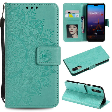 Imprint Mandala Flower Stand Wallet Leather Cell Phone Case for Huawei P20