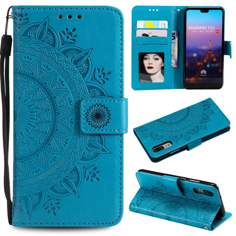 Imprint Mandala Flower Stand Wallet Leather Cell Phone Case for Huawei P20
